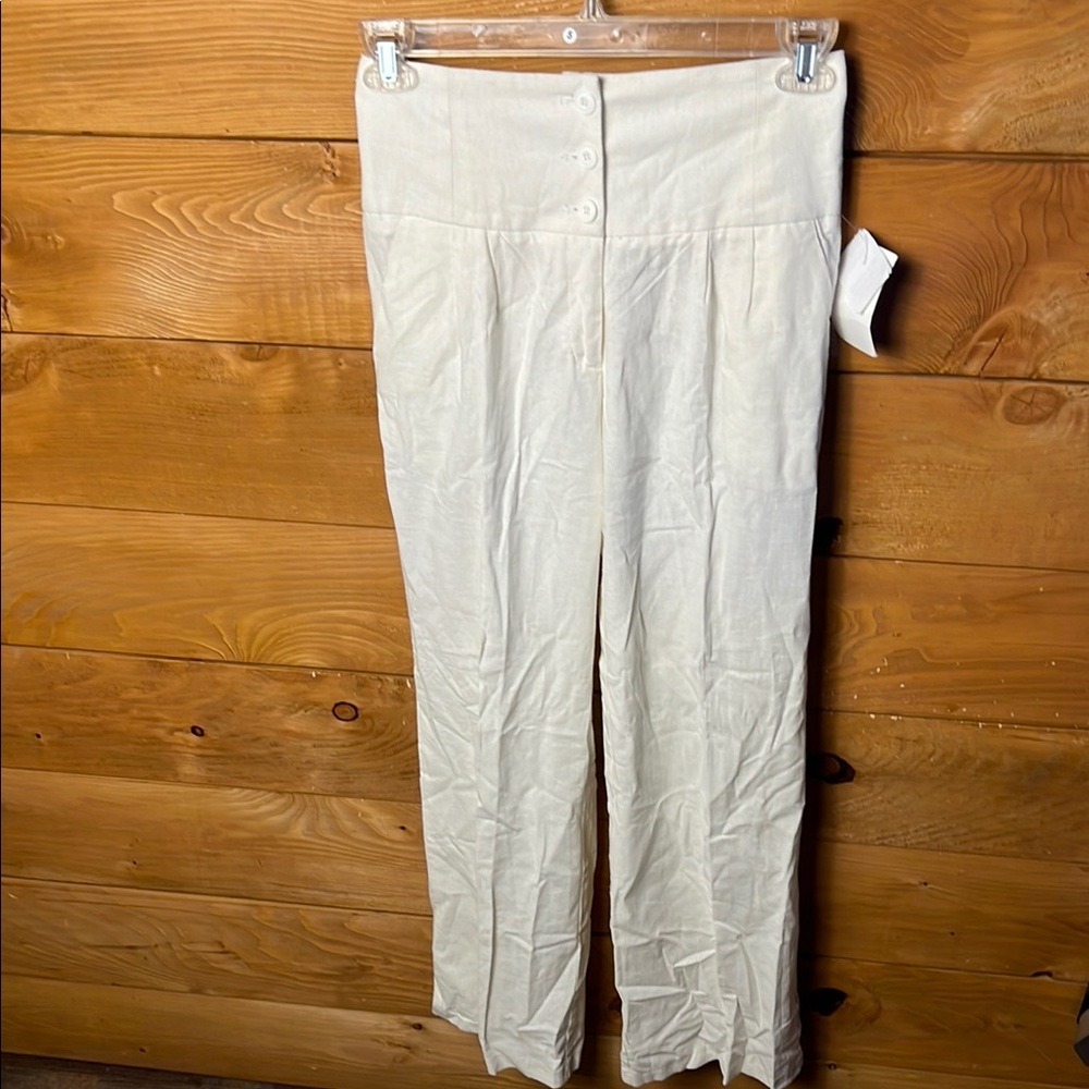 Have Boutique Brand White High-Waisted Pleated Wide Leg Linen Blend Pants L Boho